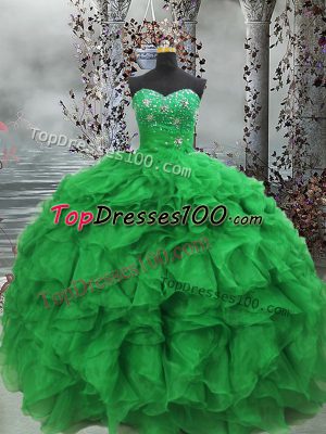 Sleeveless Floor Length Beading and Ruffles Lace Up Quinceanera Gowns with Green