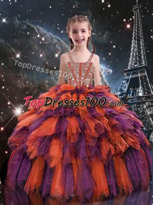 Beauteous Rust Red Ball Gowns Beading and Ruffles Little Girl Pageant Gowns Lace Up Tulle Sleeveless Floor Length
