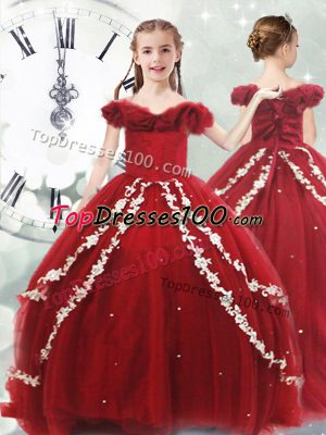 Wine Red Off The Shoulder Neckline Appliques Girls Pageant Dresses Sleeveless Lace Up