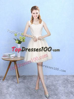 Champagne Tulle Lace Up Square Sleeveless Knee Length Wedding Guest Dresses Lace
