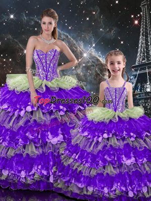 Multi-color Ball Gowns Organza Sweetheart Sleeveless Beading and Ruffles Floor Length Lace Up Ball Gown Prom Dress