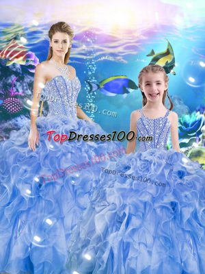 Baby Blue Sleeveless Organza Lace Up Quince Ball Gowns for Military Ball and Sweet 16 and Quinceanera