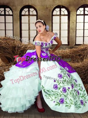 Multi-color Ball Gowns Taffeta Off The Shoulder Sleeveless Embroidery and Ruffled Layers Floor Length Lace Up Quince Ball Gowns