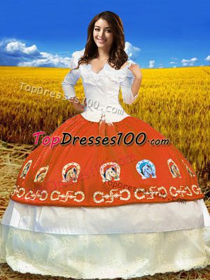 Orange Red Taffeta Lace Up Ball Gown Prom Dress 3 4 Length Sleeve Floor Length Embroidery