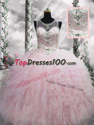 Baby Pink Tulle Lace Up Quinceanera Gowns Sleeveless Floor Length Beading and Ruffles