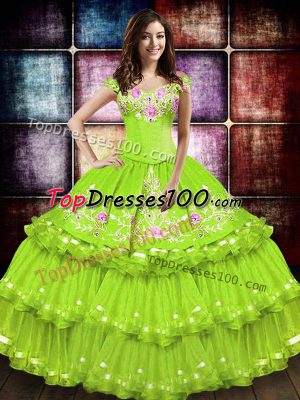 High Class Yellow Green Taffeta Lace Up Sweet 16 Quinceanera Dress Sleeveless Floor Length Embroidery and Ruffled Layers