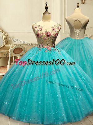 Suitable Aqua Blue Lace Up Scoop Appliques and Sequins 15 Quinceanera Dress Tulle Sleeveless