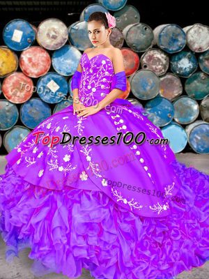 Extravagant Lilac Sleeveless Brush Train Embroidery and Ruffles Sweet 16 Dress