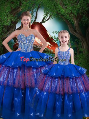 Blue Sleeveless Organza Lace Up 15th Birthday Dress for Military Ball and Sweet 16 and Quinceanera