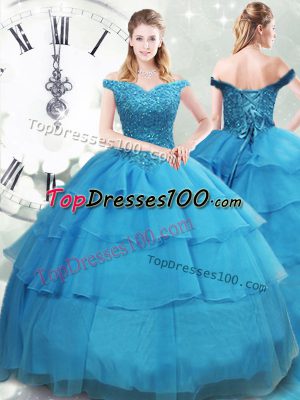 Captivating Ball Gowns Sleeveless Baby Blue Quince Ball Gowns Brush Train Lace Up