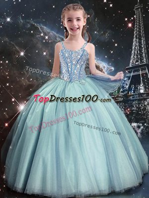 Ball Gowns Womens Party Dresses Teal Straps Tulle Sleeveless Floor Length Lace Up