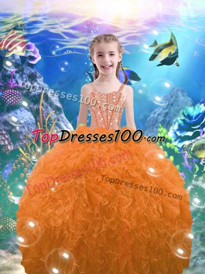 Inexpensive Sleeveless Organza Floor Length Lace Up Kids Formal Wear in Orange Red with Beading and Ruffles