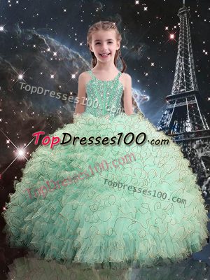 Turquoise Sleeveless Beading and Ruffles Floor Length Party Dress for Toddlers