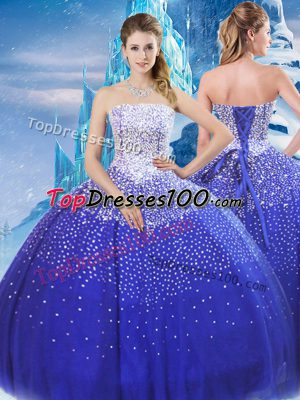 Sleeveless Tulle Floor Length Lace Up Quinceanera Dress in Blue with Beading
