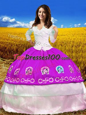 3 4 Length Sleeve Floor Length Embroidery Lace Up Sweet 16 Dresses with Fuchsia