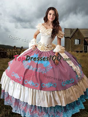 Superior Multi-color 15th Birthday Dress Military Ball and Sweet 16 and Quinceanera with Embroidery and Ruffled Layers Off The Shoulder Sleeveless Brush Train Lace Up