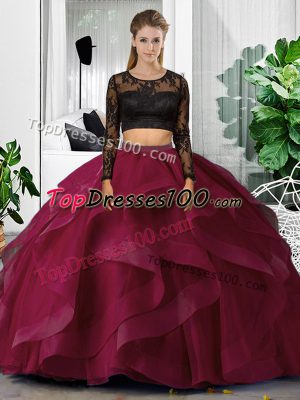 Fuchsia Backless 15 Quinceanera Dress Lace and Ruffles Long Sleeves Floor Length