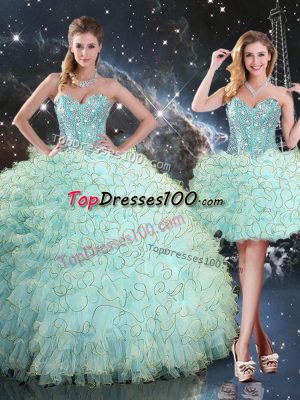 Turquoise Ball Gowns Organza Sweetheart Sleeveless Beading and Ruffles Floor Length Lace Up Quinceanera Gown