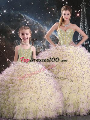 Floor Length Light Yellow Sweet 16 Dresses Organza Sleeveless Beading and Ruffles