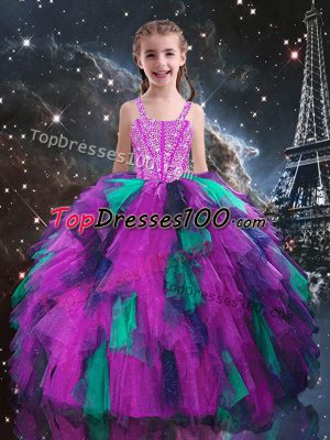 Ball Gowns Custom Made Fuchsia Straps Tulle Sleeveless Floor Length Lace Up