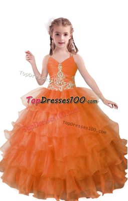 V-neck Sleeveless Zipper Little Girls Pageant Gowns Orange Red Organza