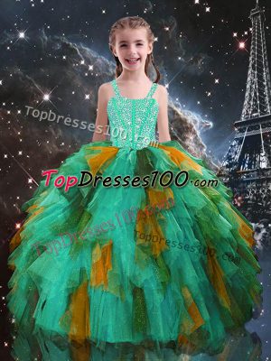 Sleeveless Tulle Floor Length Lace Up Little Girls Pageant Dress in Turquoise with Beading and Ruffles