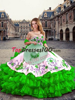 Green Lace Up Quinceanera Dresses Embroidery and Ruffled Layers Sleeveless Floor Length