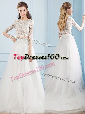 Scoop Half Sleeves Tulle Wedding Dresses Lace Court Train Zipper