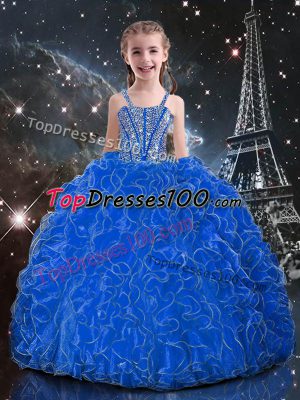 Custom Designed Beading and Ruffles Little Girl Pageant Gowns Blue Lace Up Sleeveless Floor Length