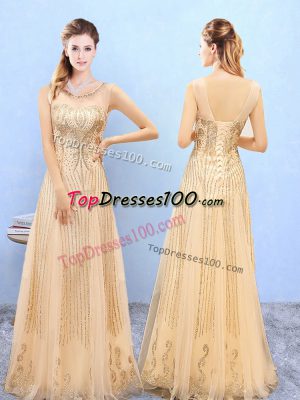 Sleeveless Organza Floor Length Lace Up Dama Dress in Gold with Beading and Appliques