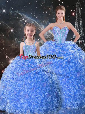 Blue Sleeveless Floor Length Beading and Ruffles Lace Up Sweet 16 Dress