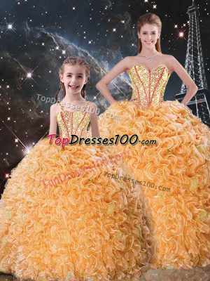 Fancy Orange Sleeveless Floor Length Beading and Ruffles Lace Up Sweet 16 Dresses