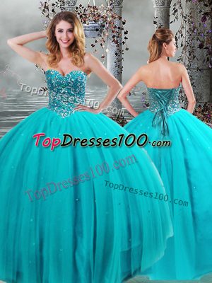 Sleeveless Floor Length Beading Lace Up Quinceanera Dress with Aqua Blue