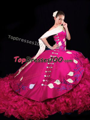 Flirting Fuchsia V-neck Neckline Embroidery and Ruffles Ball Gown Prom Dress Sleeveless Lace Up