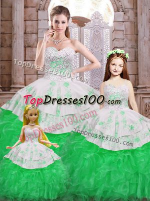 Ideal Green Quince Ball Gowns Military Ball and Sweet 16 and Quinceanera with Beading and Appliques and Ruffles Sweetheart Sleeveless Lace Up
