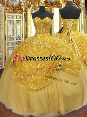 Noble Ball Gowns Quinceanera Dress Gold Sweetheart Tulle Sleeveless Floor Length Lace Up