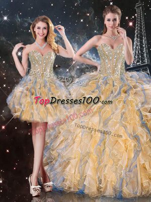 Super Ball Gowns Vestidos de Quinceanera Gold Sweetheart Organza Sleeveless Floor Length Lace Up