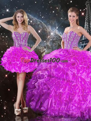 New Arrival Fuchsia Mermaid Beading and Ruffles Quinceanera Dress Lace Up Organza Sleeveless Floor Length