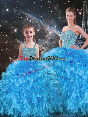 Floor Length Lace Up Quinceanera Gowns Baby Blue for Military Ball and Sweet 16 and Quinceanera with Beading and Ruffles