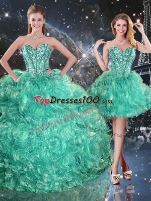 Colorful Turquoise Three Pieces Sweetheart Sleeveless Organza Floor Length Lace Up Beading and Ruffles Quinceanera Dress