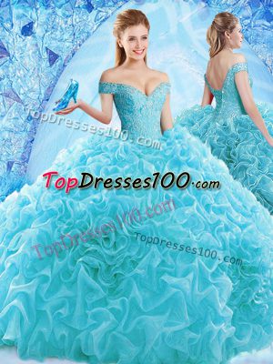 Aqua Blue Off The Shoulder Lace Up Ruffles and Pick Ups Sweet 16 Quinceanera Dress Brush Train Cap Sleeves