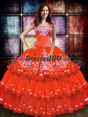 Customized Off The Shoulder Sleeveless 15 Quinceanera Dress Floor Length Embroidery and Ruffled Layers Orange Red Taffeta