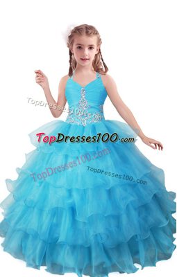 V-neck Sleeveless Little Girl Pageant Gowns Floor Length Beading and Ruffled Layers Baby Blue Organza