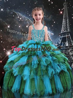 Teal Tulle Lace Up Womens Party Dresses Sleeveless Floor Length Beading and Ruffles