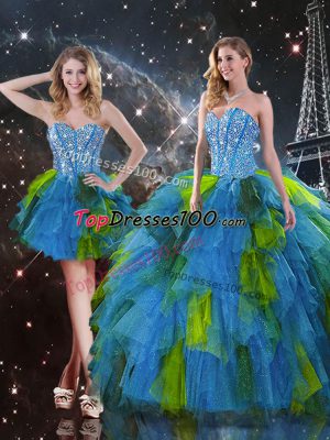 Dramatic Tulle Sweetheart Sleeveless Lace Up Beading and Ruffles Sweet 16 Quinceanera Dress in Multi-color