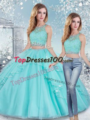 Glorious Beading and Lace and Sashes ribbons 15th Birthday Dress Aqua Blue Clasp Handle Sleeveless Floor Length