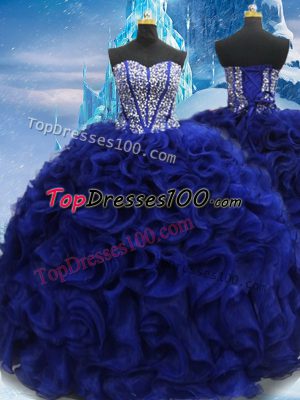 Discount Royal Blue Sleeveless Floor Length Beading Lace Up Quince Ball Gowns