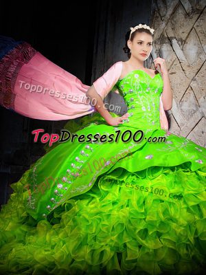 On Sale Ball Gowns Organza Sweetheart Sleeveless Embroidery and Ruffles With Train Lace Up Ball Gown Prom Dress Brush Train