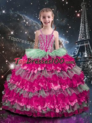 Sleeveless Beading and Ruffled Layers Lace Up Little Girls Pageant Gowns