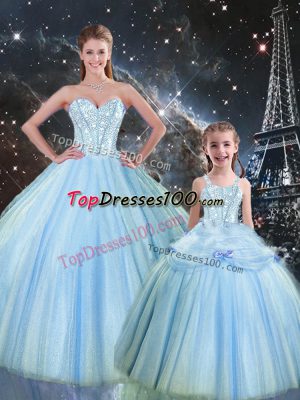 Great Floor Length Lace Up Sweet 16 Dresses Baby Blue for Military Ball and Sweet 16 and Quinceanera with Beading